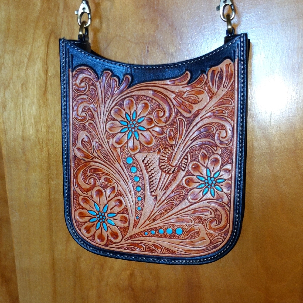 Myra Bag Brown and Blue Floral Embossed Bag